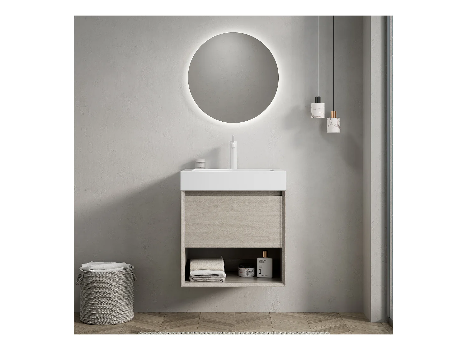 Meuble-lavabo mural rectangulaire avec vasque intégrée en résine blanche, placard en contreplaqué avec tiroir et étagère ouverte, pré-monté (55x46x60 cm)