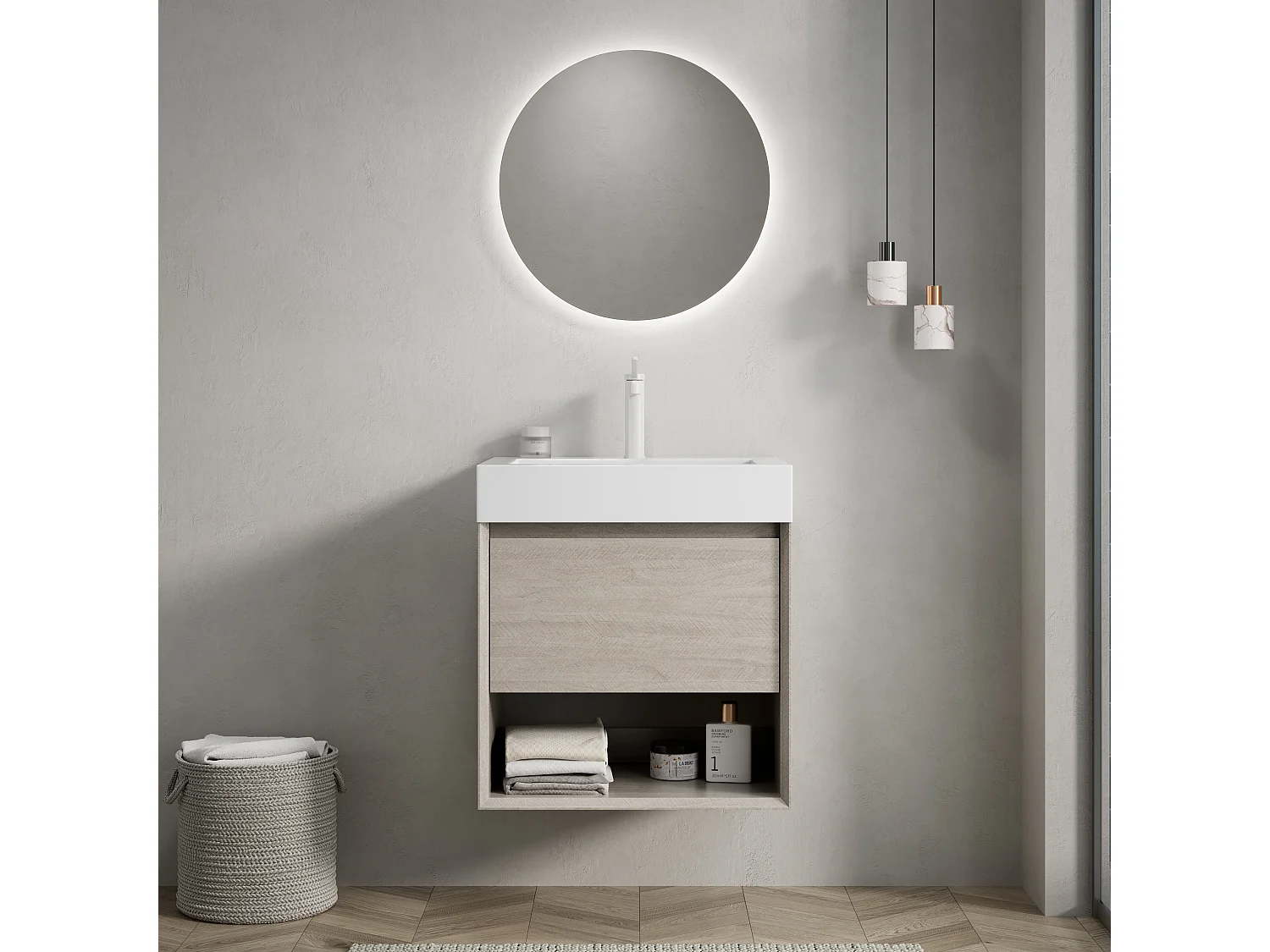 Mobile lavabo sospeso rettangolare con lavabo integrato in resina bianca, mobiletto in multistrato con cassetto e ripiano a giorno, premontato (55x46x60 cm)