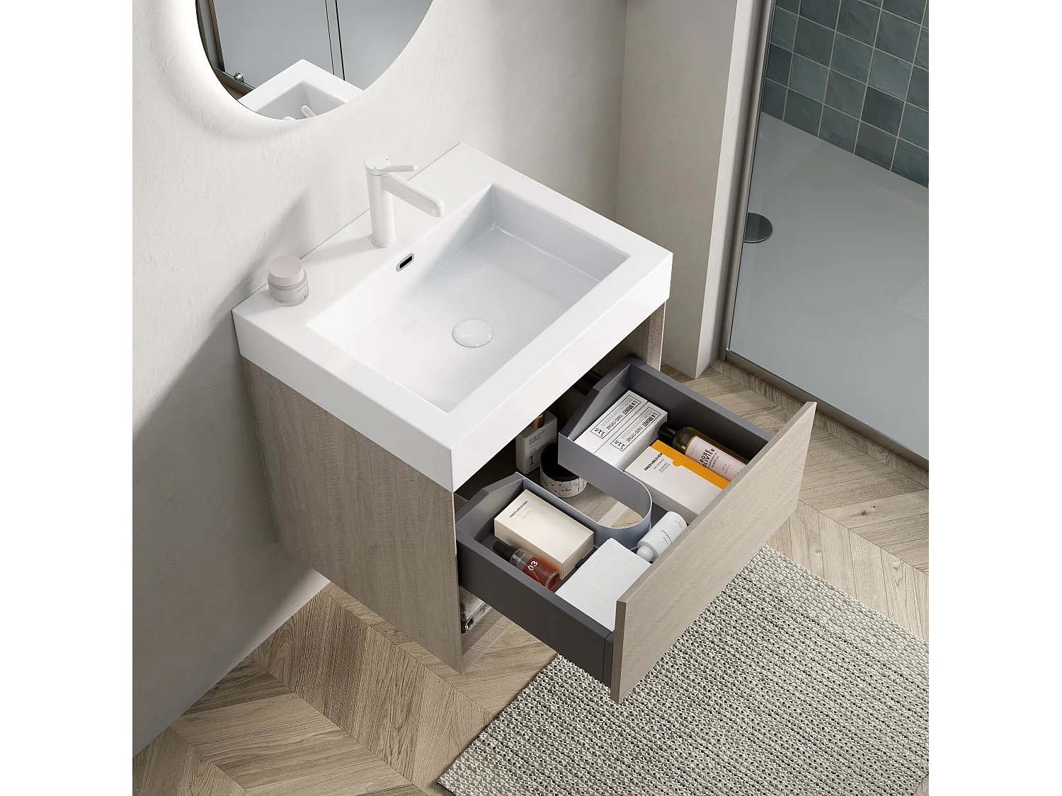 Mobile lavabo sospeso rettangolare con lavabo integrato in resina bianca, mobiletto in multistrato con cassetto e ripiano a giorno, premontato (55x46x60 cm)