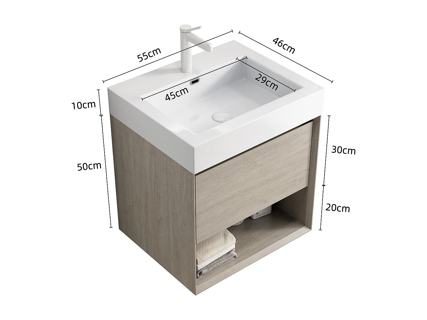 Mobile lavabo sospeso rettangolare con lavabo integrato in resina bianca, mobiletto in multistrato con cassetto e ripiano a giorno, premontato (55x46x60 cm)
