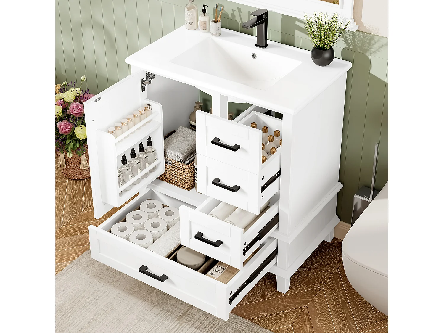 Meuble de salle de bain avec vasque intégrée, design moderne, MDF et céramique, blanc, 3 tiroirs silencieux (76x46x83.5cm)