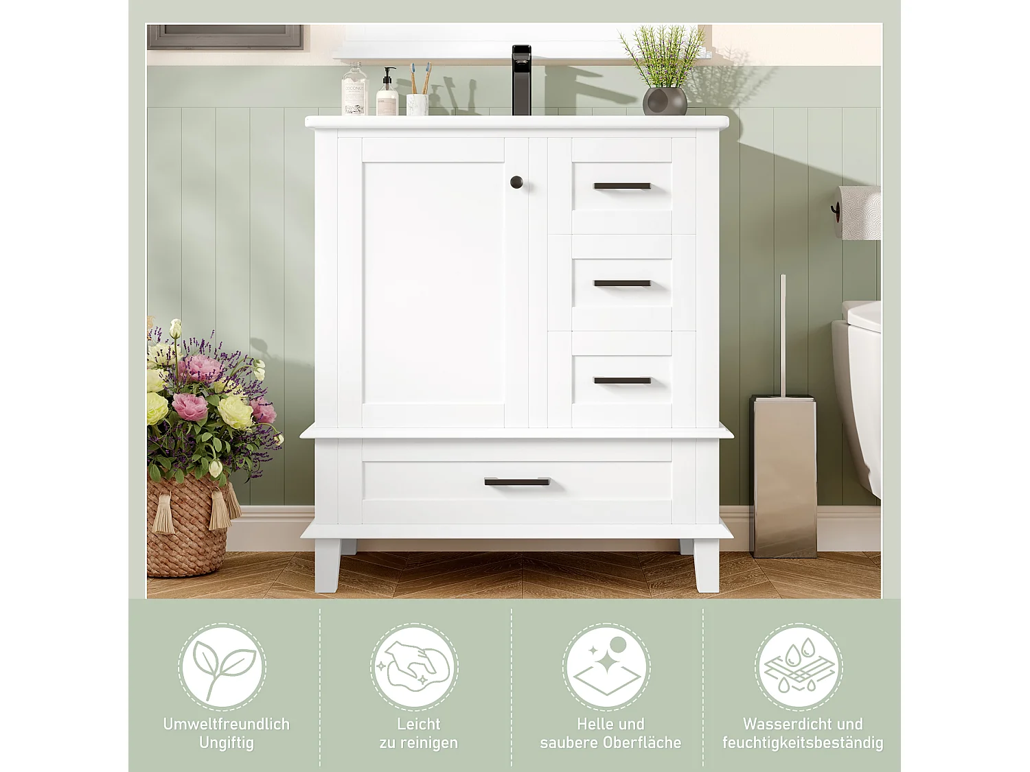 Meuble de salle de bain avec vasque intégrée, design moderne, MDF et céramique, blanc, 3 tiroirs silencieux (76x46x83.5cm)