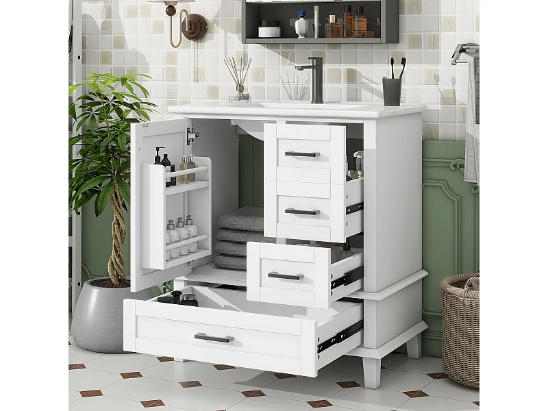 Meuble de salle de bain avec vasque intégrée, design moderne, MDF et céramique, blanc, 3 tiroirs silencieux (76x46x83.5cm)