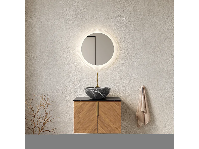 Lavabo mural avec vasque noire en céramique, plan de travail en pierre sinterisée, meuble en contreplaqué 2 portes (61x50x55.1cm)