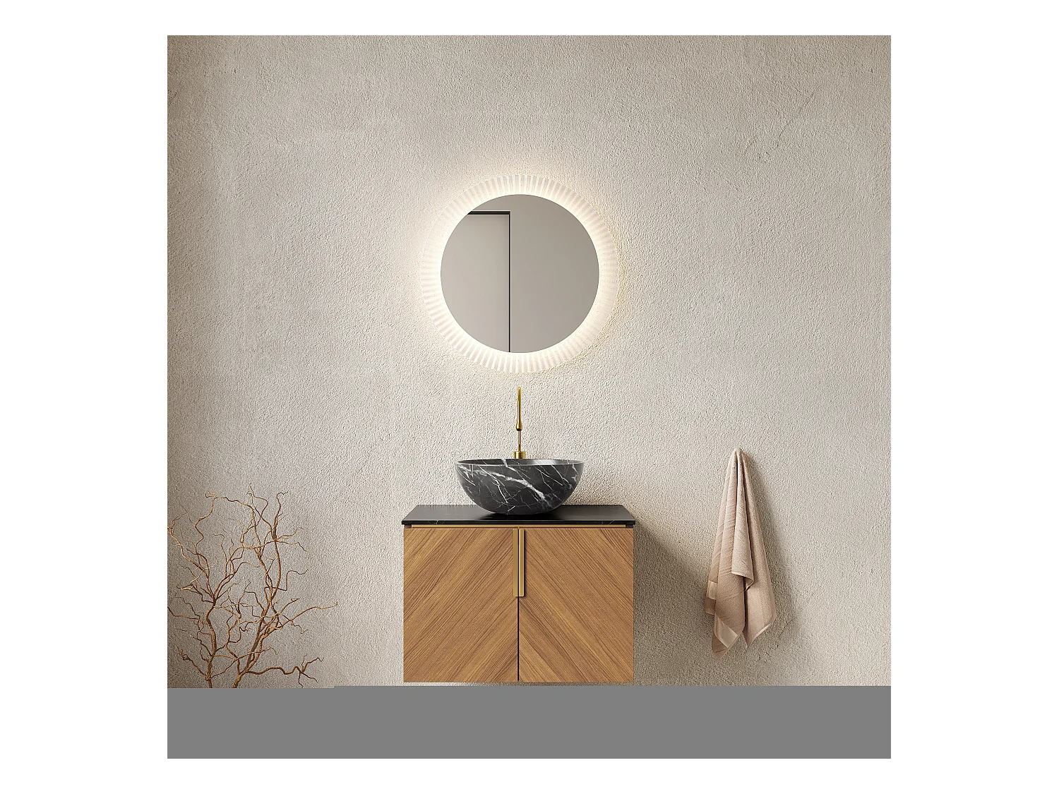 Lavabo mural avec vasque noire en céramique, plan de travail en pierre sinterisée, meuble en contreplaqué 2 portes (61x50x55.1cm)