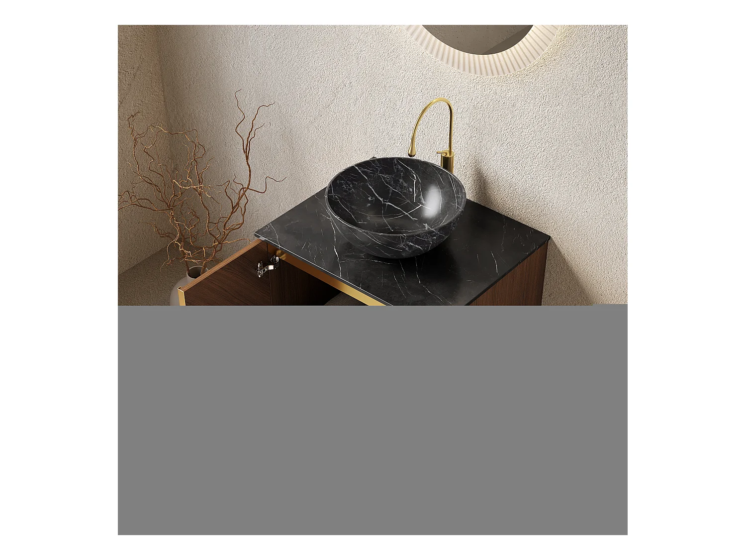 Lavabo mural avec vasque noire en céramique, plan de travail en pierre sinterisée, meuble en contreplaqué 2 portes (61x50x55.1cm)