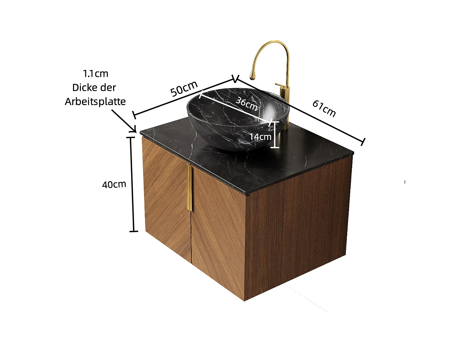 Lavabo mural avec vasque noire en céramique, plan de travail en pierre sinterisée, meuble en contreplaqué 2 portes (61x50x55.1cm)