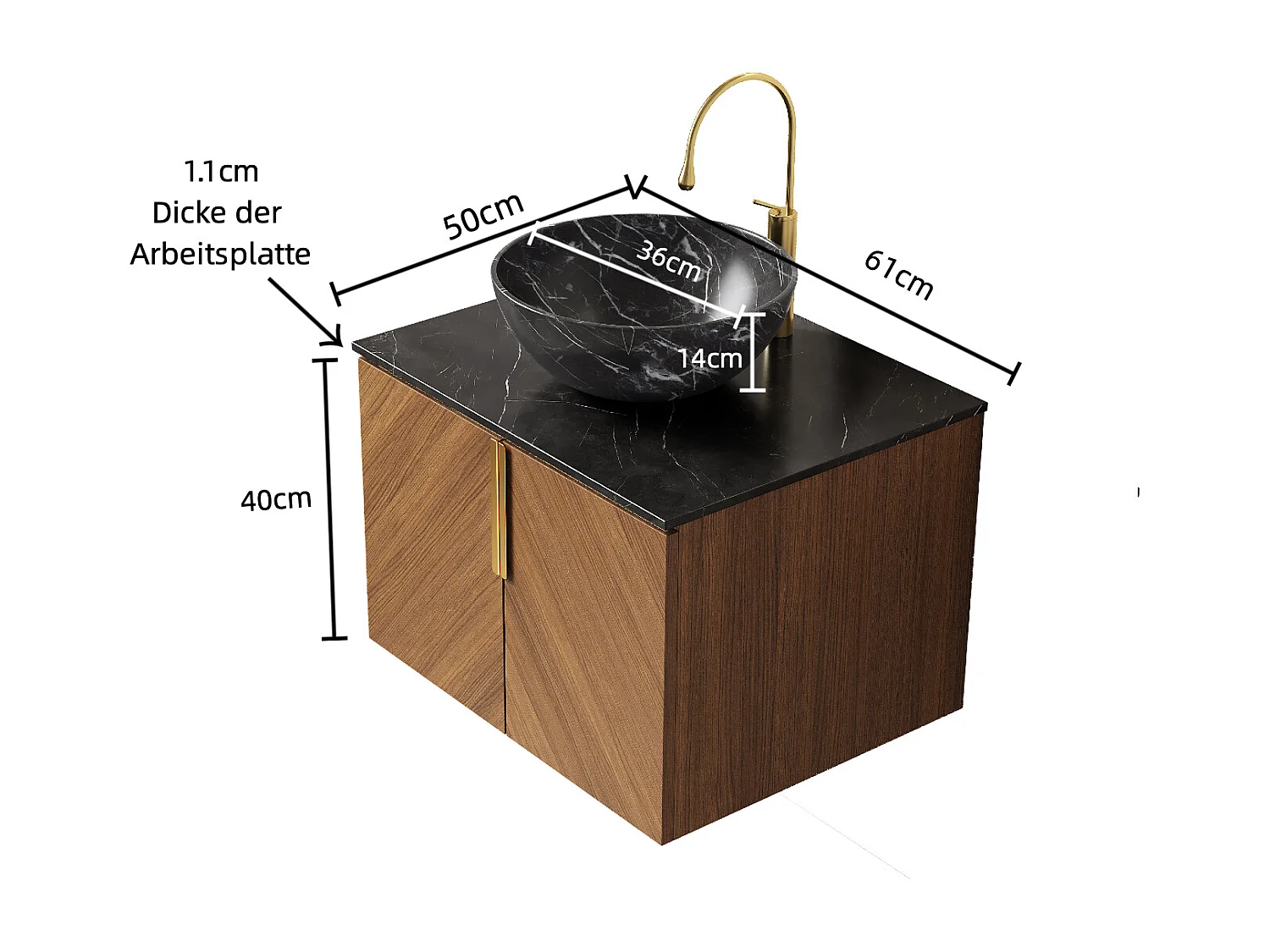 Wandwastafel met zwarte keramische waskom, werkblad van gesinterde steen, 2-deurs multiplex kast (61x50x55,1cm)