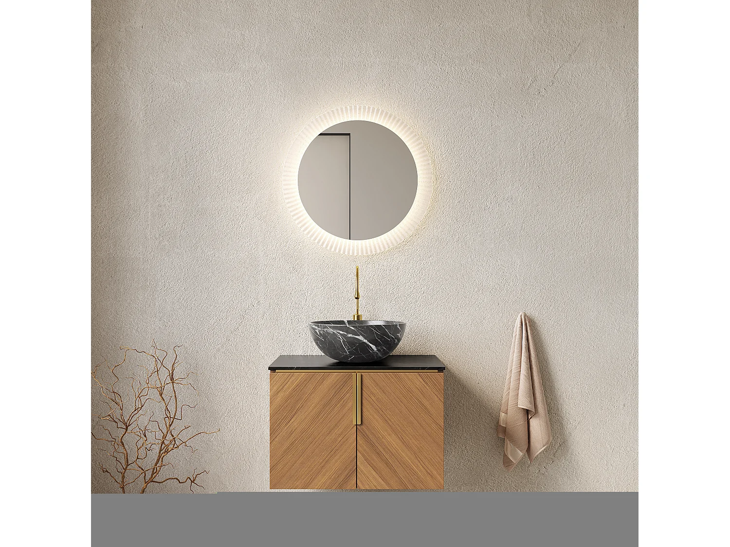 Lavabo mural avec vasque noire en céramique, plan de travail en pierre sinterisée, meuble en contreplaqué 2 portes (61x50x55.1cm)