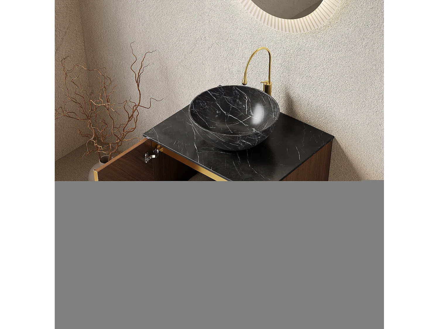 Lavabo mural avec vasque noire en céramique, plan de travail en pierre sinterisée, meuble en contreplaqué 2 portes (61x50x55.1cm)