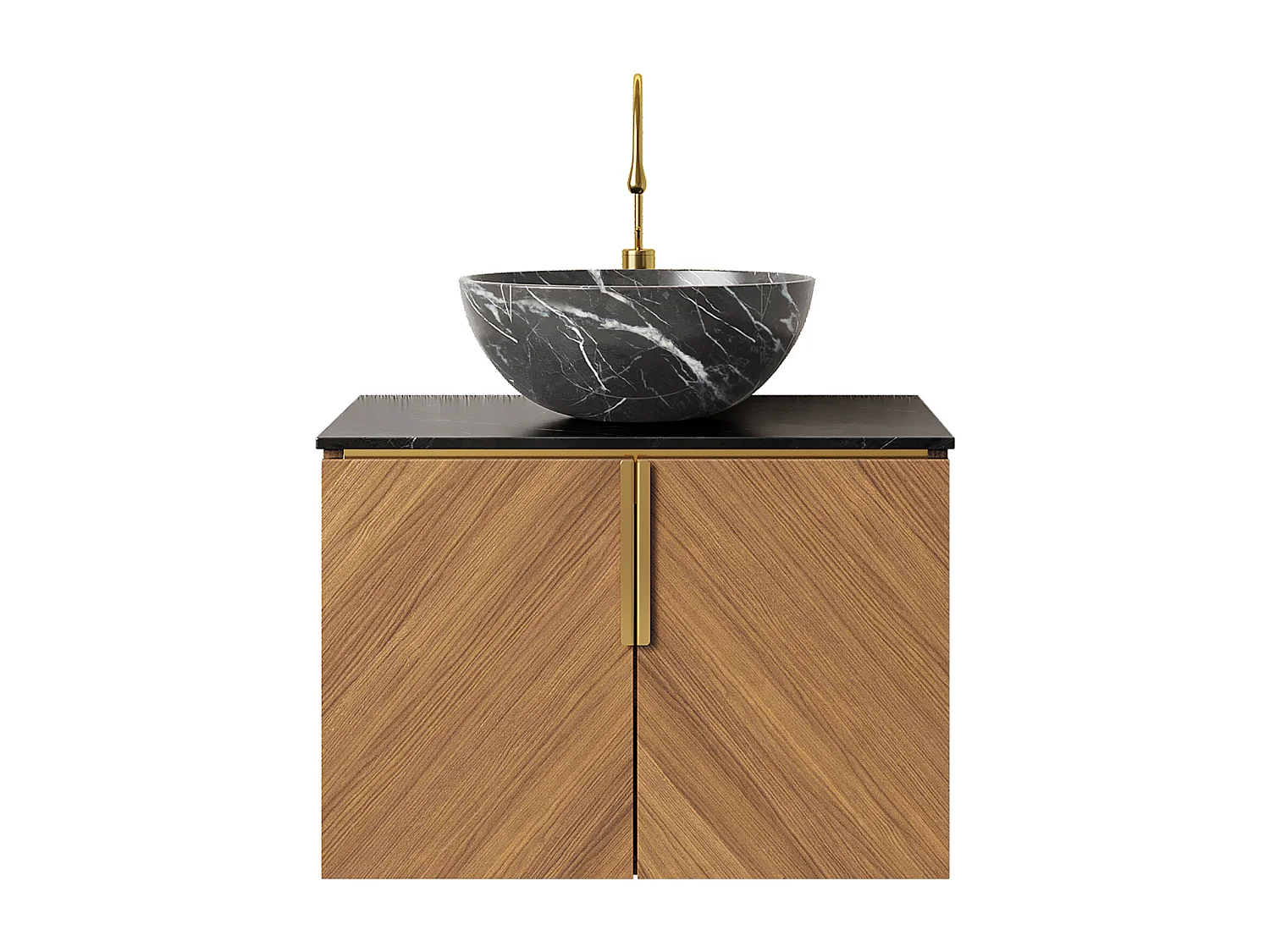 Lavabo mural avec vasque noire en céramique, plan de travail en pierre sinterisée, meuble en contreplaqué 2 portes (61x50x55.1cm)