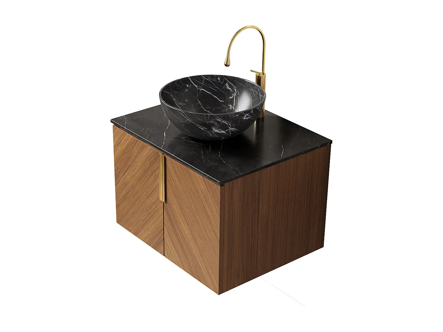 Lavabo mural avec vasque noire en céramique, plan de travail en pierre sinterisée, meuble en contreplaqué 2 portes (61x50x55.1cm)