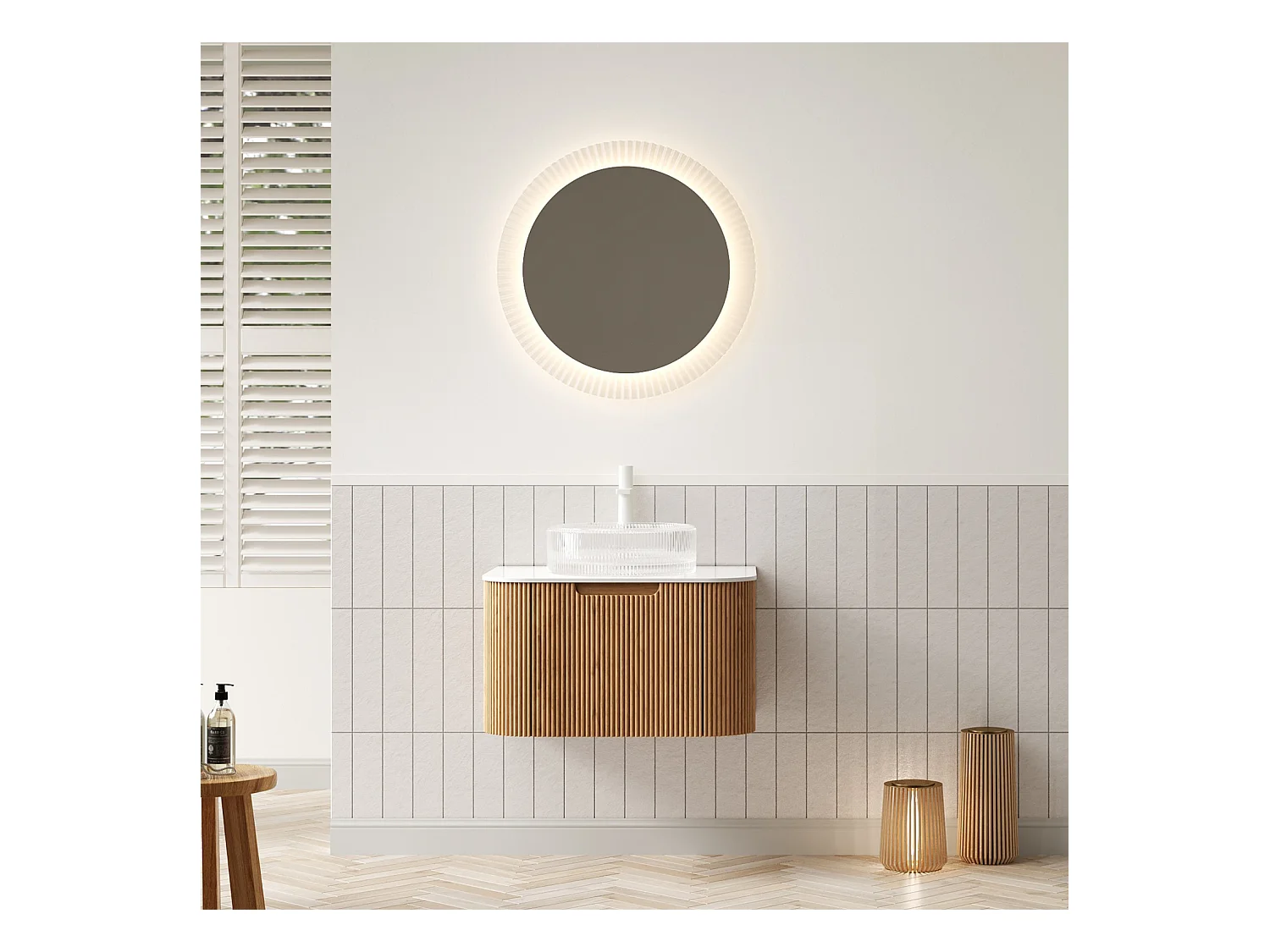 Lavabo mural suspendu avec vasque en verre transparent, plateau en pierre sinterisée, placage bois naturel et blanc (61x48x48.6cm)