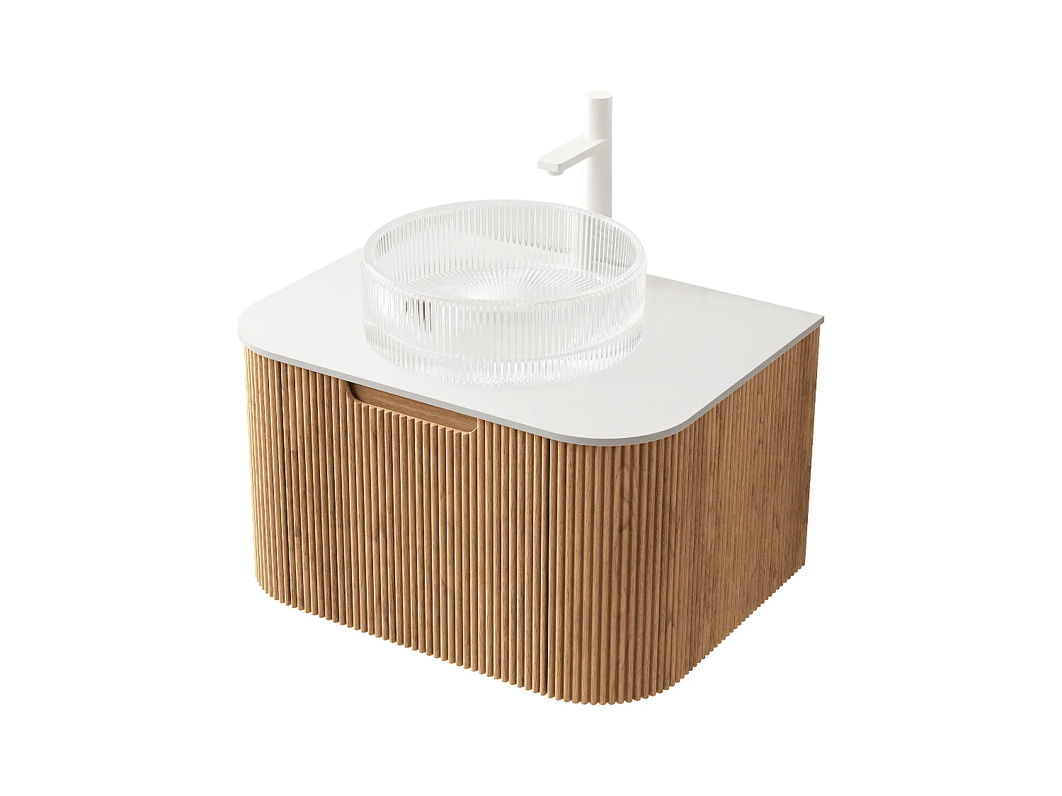 Lavabo mural suspendu avec vasque en verre transparent, plateau en pierre sinterisée, placage bois naturel et blanc (61x48x48.6cm)