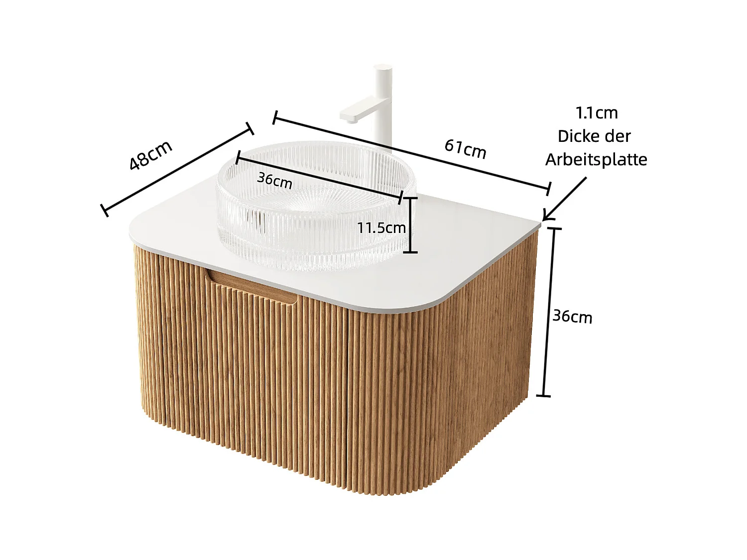 Lavabo mural suspendu avec vasque en verre transparent, plateau en pierre sinterisée, placage bois naturel et blanc (61x48x48.6cm)