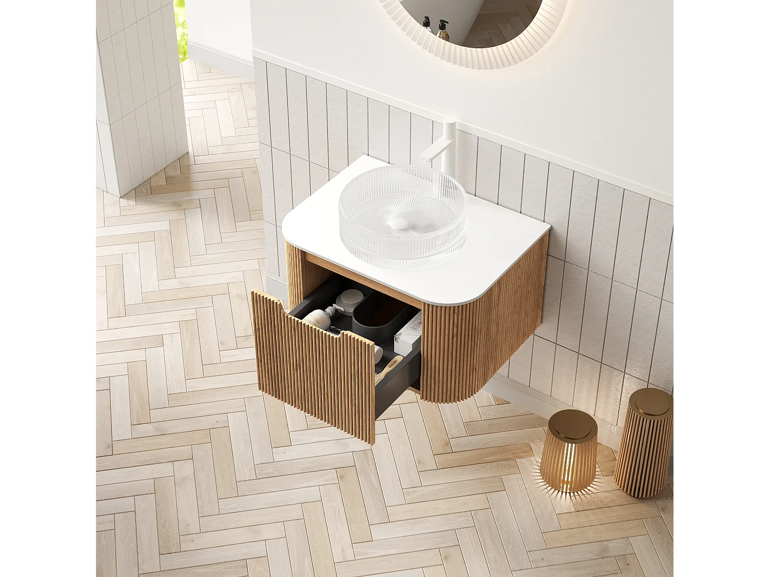 Lavabo mural suspendu avec vasque en verre transparent, plateau en pierre sinterisée, placage bois naturel et blanc (61x48x48.6cm)