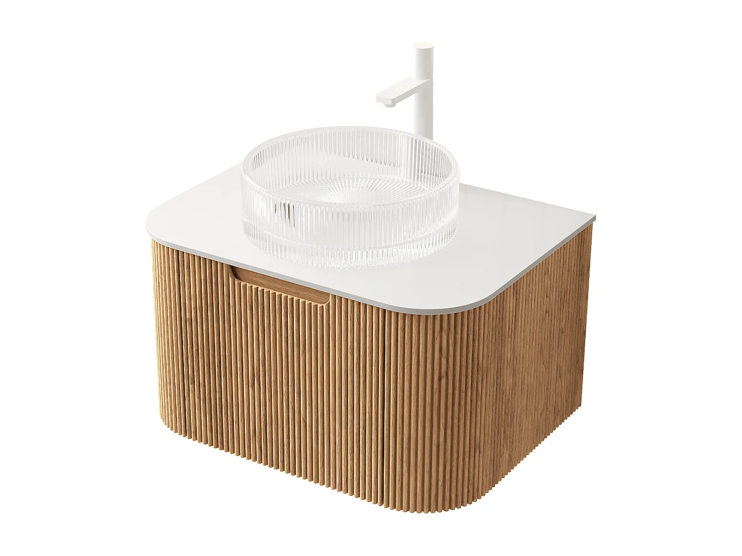 Lavabo mural suspendu avec vasque en verre transparent, plateau en pierre sinterisée, placage bois naturel et blanc (61x48x48.6cm)