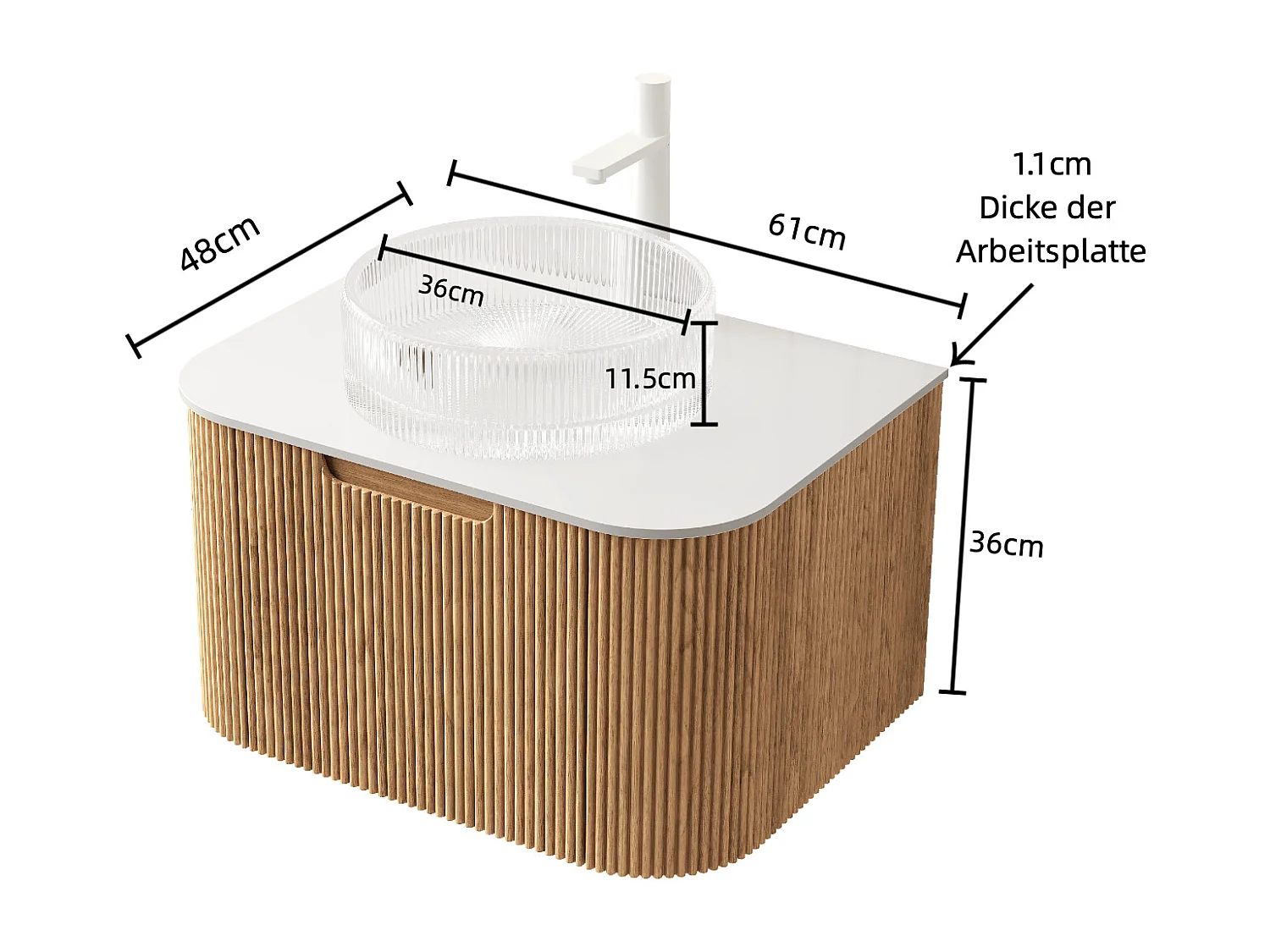 Lavabo mural suspendu avec vasque en verre transparent, plateau en pierre sinterisée, placage bois naturel et blanc (61x48x48.6cm)