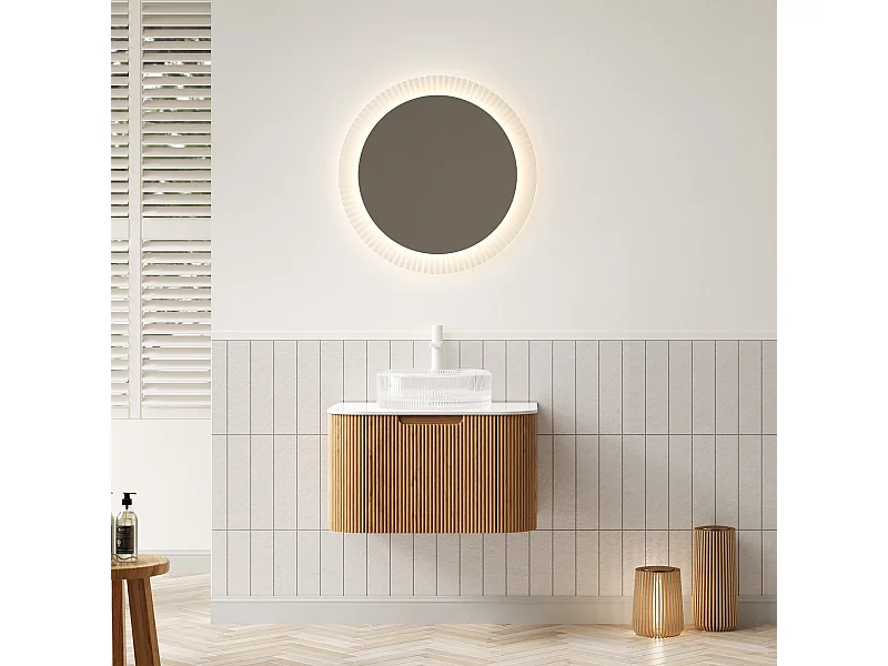 Lavabo mural suspendu avec vasque en verre transparent, plateau en pierre sinterisée, placage bois naturel et blanc (61x48x48.6cm)