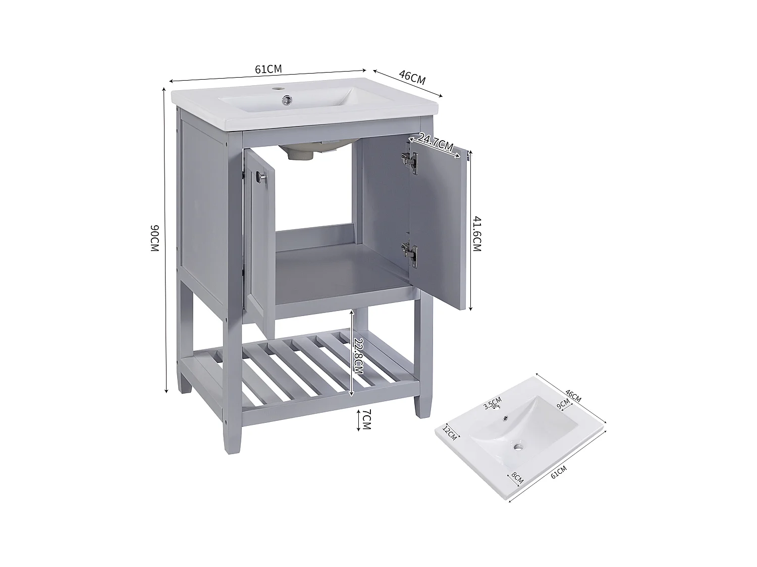 Badkamermeubel met keramische wastafel, modern design, massief hout en MDF, lichtgrijs en wit (61x46x90 cm)