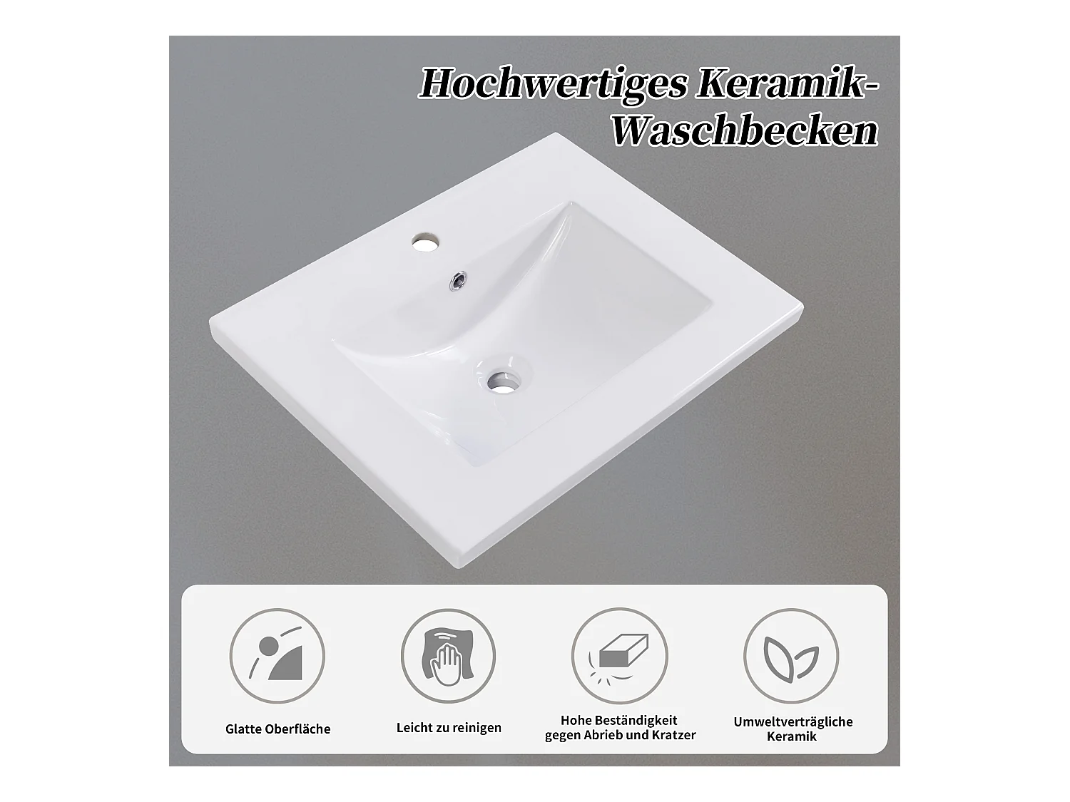 Badkamermeubel met keramische wastafel, modern design, massief hout en MDF, lichtgrijs en wit (61x46x90 cm)