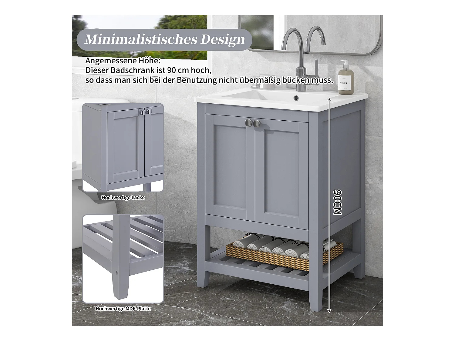 Meuble de salle de bain avec vasque en céramique, design moderne, bois massif et MDF, gris clair et blanc (61x46x90 cm)