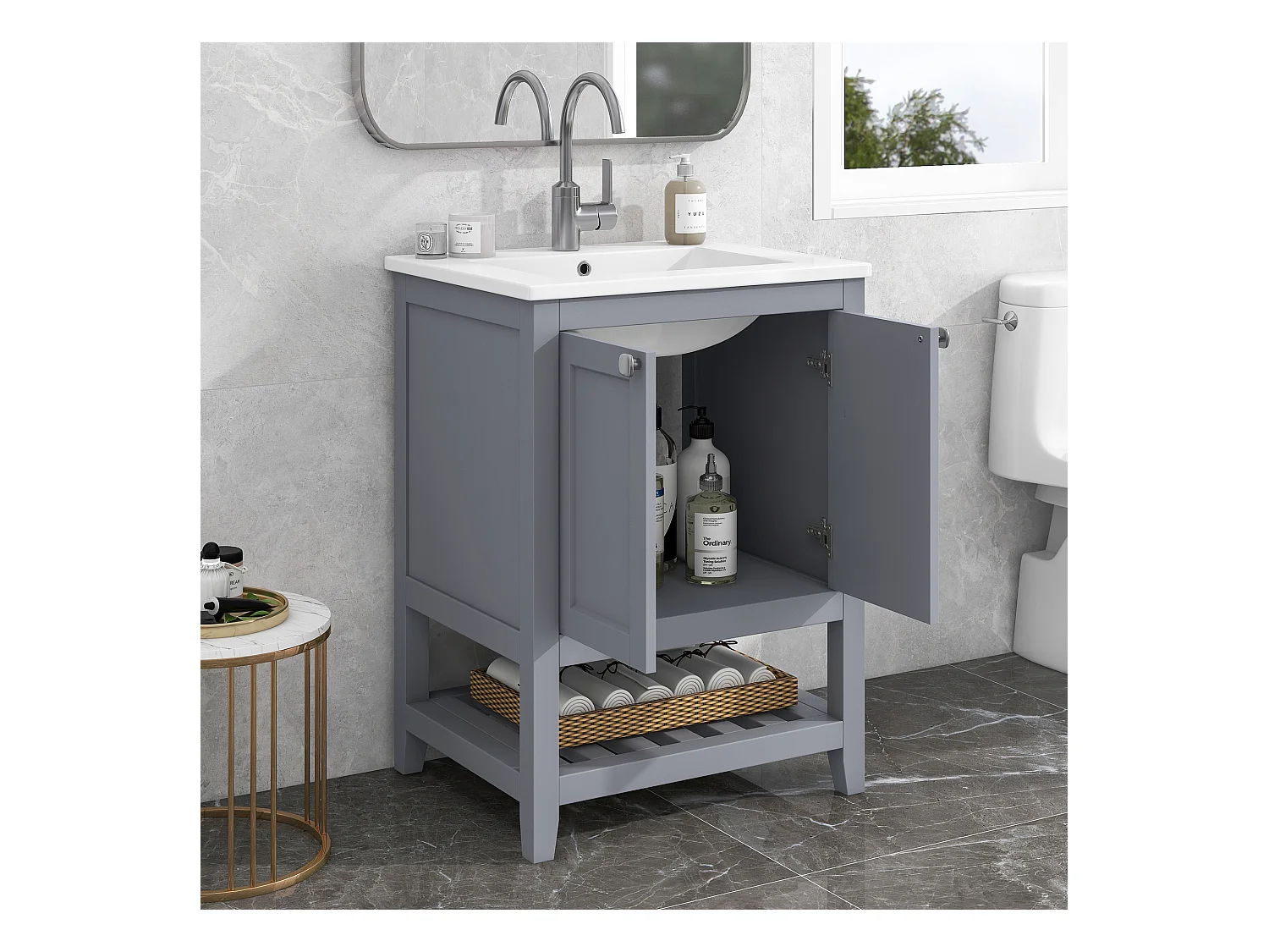 Meuble de salle de bain avec vasque en céramique, design moderne, bois massif et MDF, gris clair et blanc (61x46x90 cm)