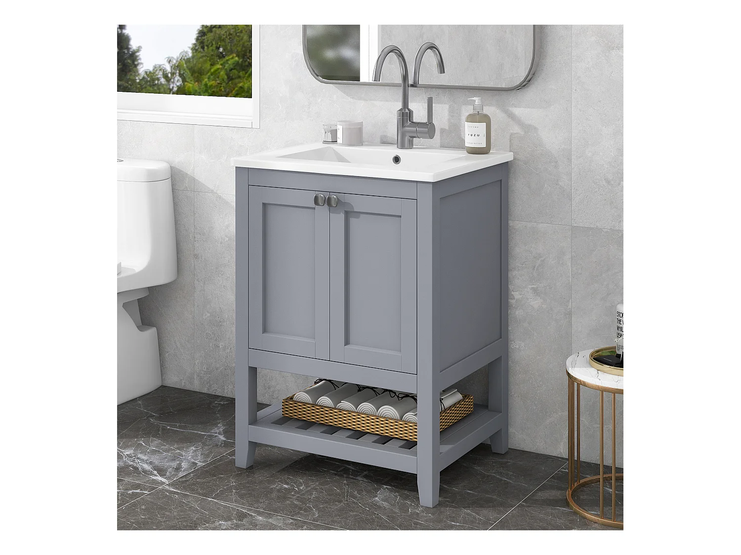Meuble de salle de bain avec vasque en céramique, design moderne, bois massif et MDF, gris clair et blanc (61x46x90 cm)