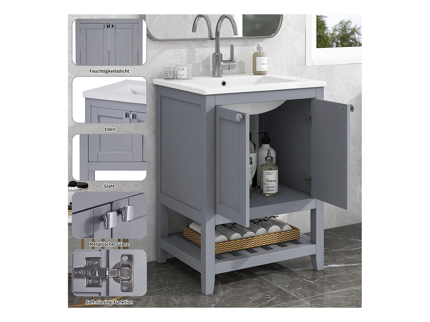 Meuble de salle de bain avec vasque en céramique, design moderne, bois massif et MDF, gris clair et blanc (61x46x90 cm)