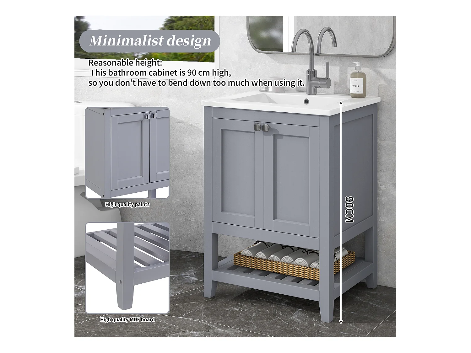 Meuble de salle de bain avec vasque en céramique, design moderne, bois massif et MDF, gris clair et blanc (61x46x90 cm)