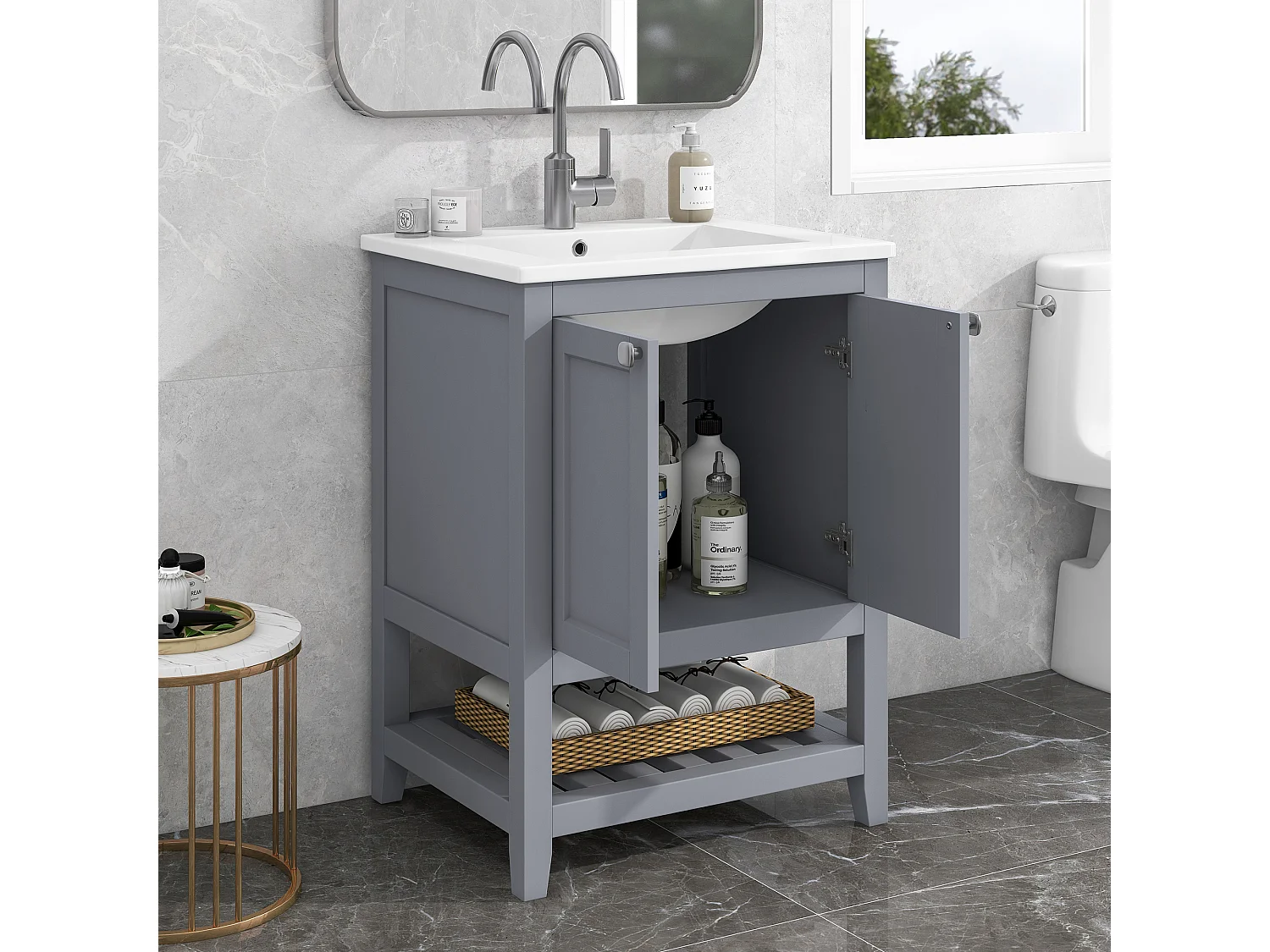 Meuble de salle de bain avec vasque en céramique, design moderne, bois massif et MDF, gris clair et blanc (61x46x90 cm)