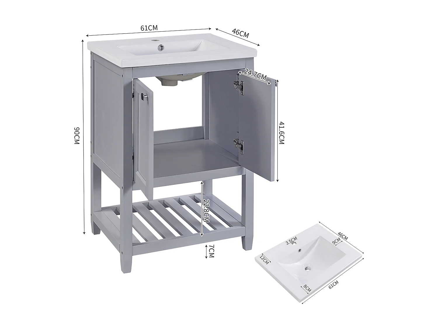 Meuble de salle de bain avec vasque en céramique, design moderne, bois massif et MDF, gris clair et blanc (61x46x90 cm)