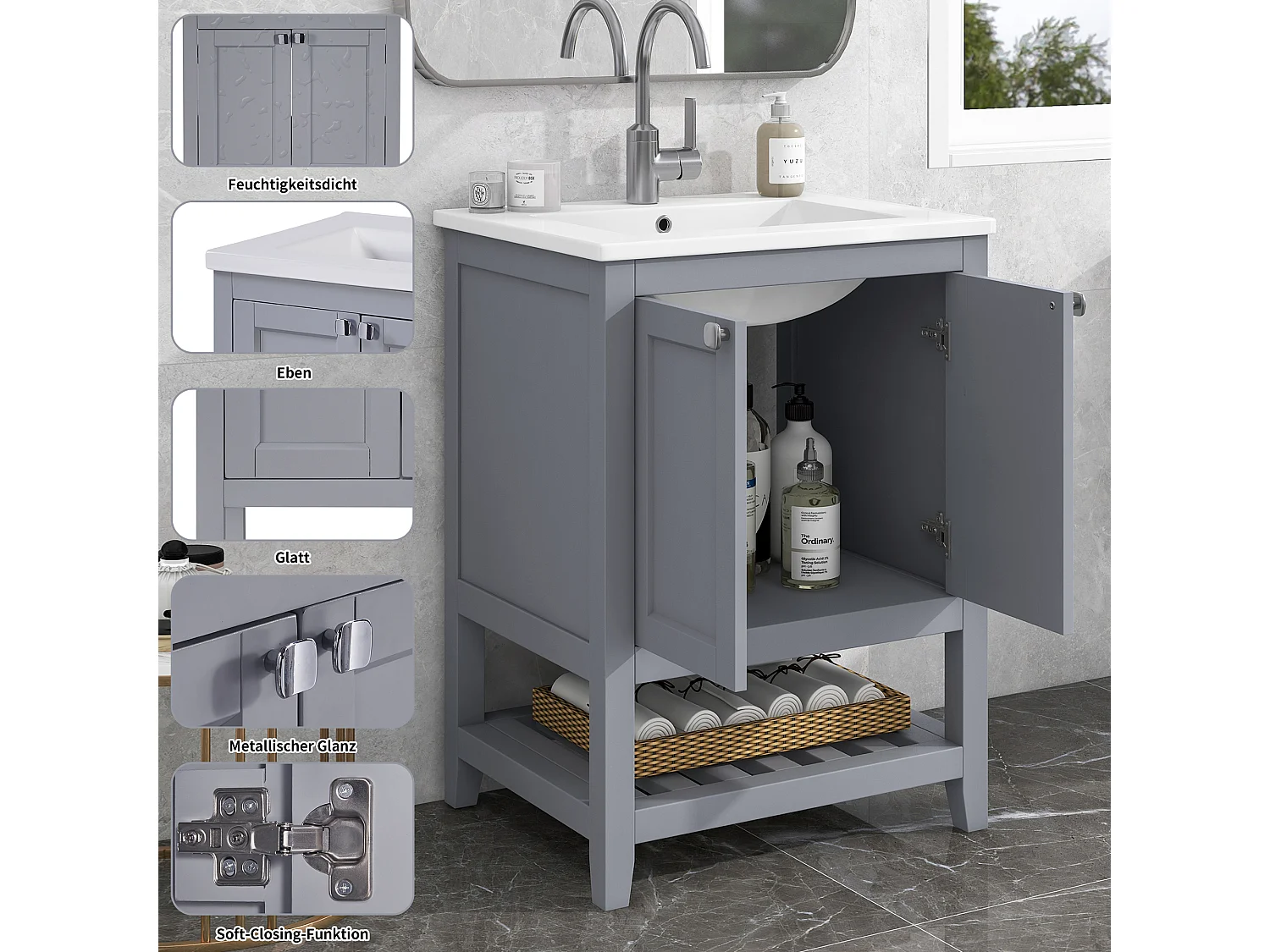 Meuble de salle de bain avec vasque en céramique, design moderne, bois massif et MDF, gris clair et blanc (61x46x90 cm)