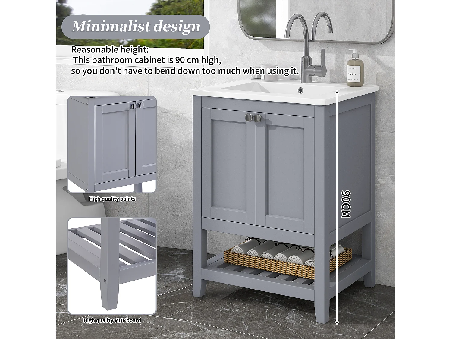 Meuble de salle de bain avec vasque en céramique, design moderne, bois massif et MDF, gris clair et blanc (61x46x90 cm)