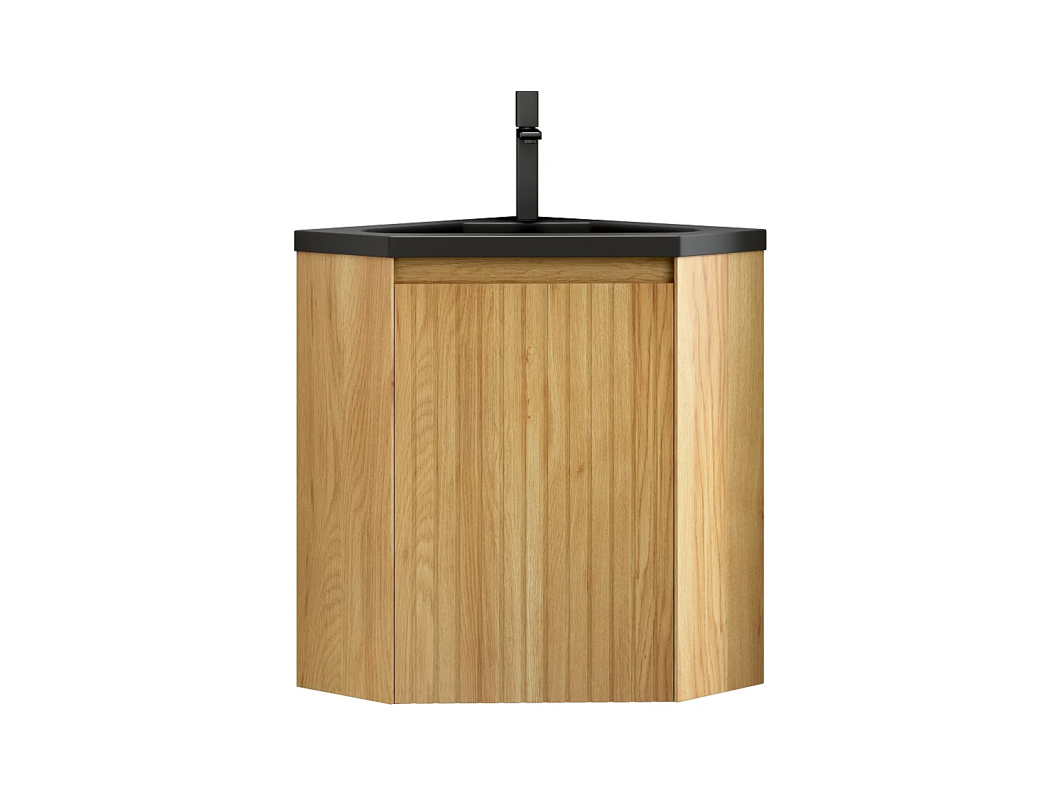 Driehoekige wandwastafel met geïntegreerde bak in matzwart, hars en multiplex, voor badkamerhoek, één deur, voorgemonteerd (38,5x38,5x52,4cm)