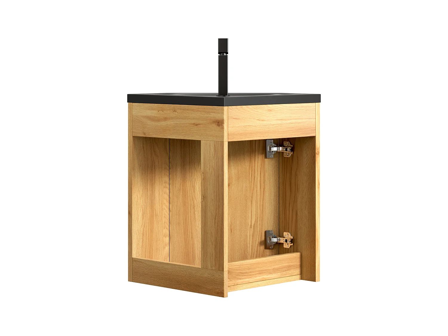 Driehoekige wandwastafel met geïntegreerde bak in matzwart, hars en multiplex, voor badkamerhoek, één deur, voorgemonteerd (38,5x38,5x52,4cm)