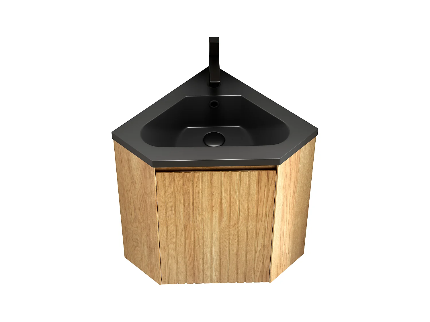 Driehoekige wandwastafel met geïntegreerde bak in matzwart, hars en multiplex, voor badkamerhoek, één deur, voorgemonteerd (38,5x38,5x52,4cm)