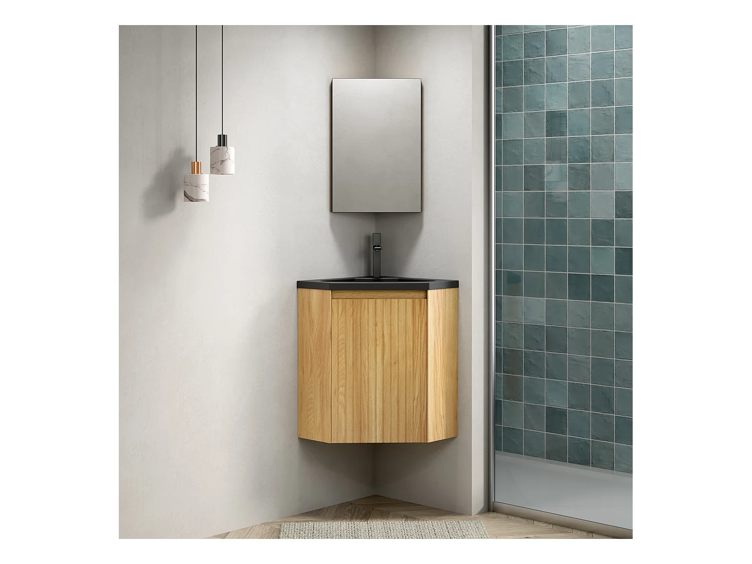 Lavabo triangular de pared con seno integrado en negro mate, resina y contrachapado, para rincón de baño, una puerta, premontado (38,5x38,5x52,4cm)