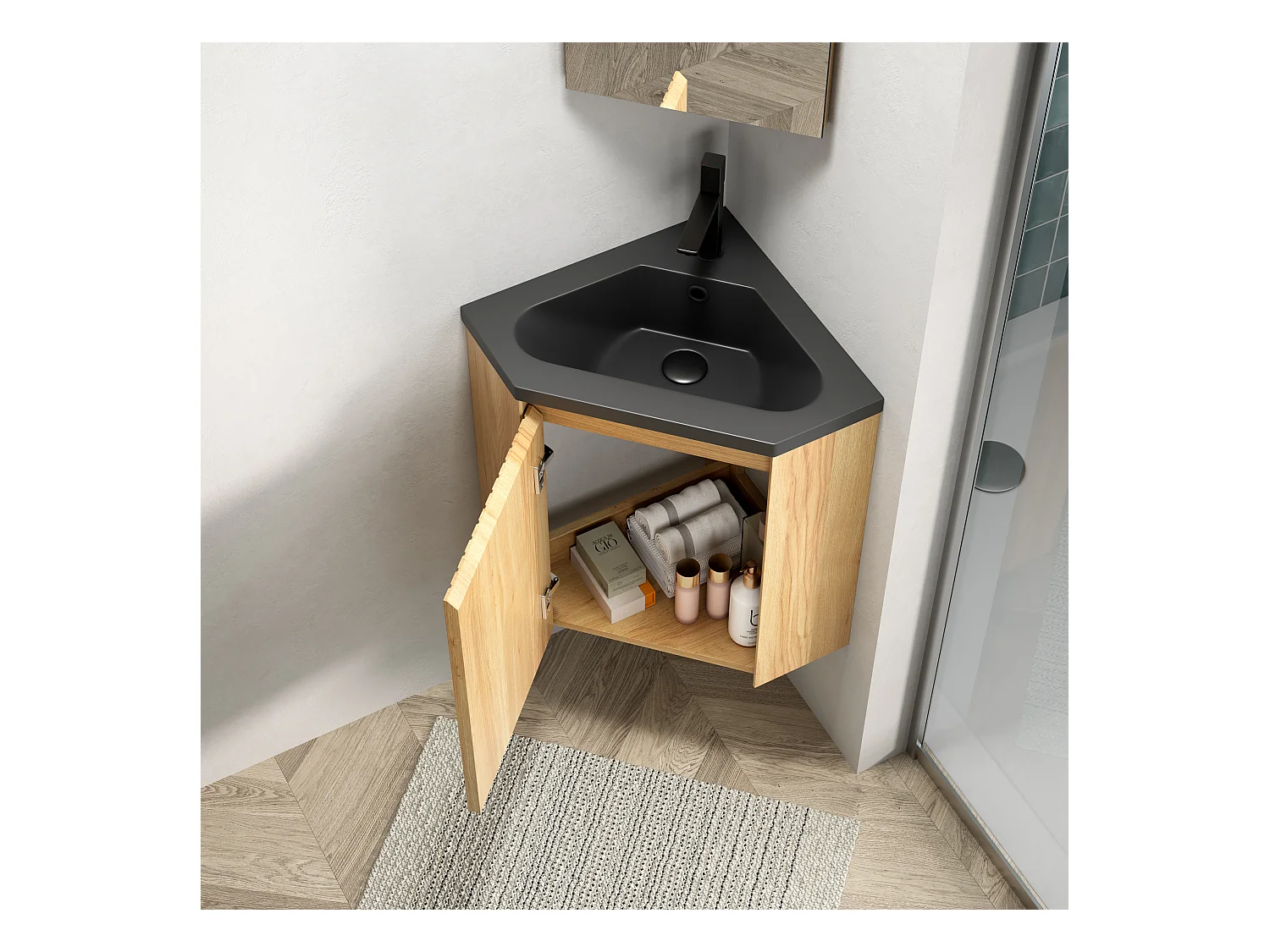 Lavabo triangular de pared con seno integrado en negro mate, resina y contrachapado, para rincón de baño, una puerta, premontado (38,5x38,5x52,4cm)