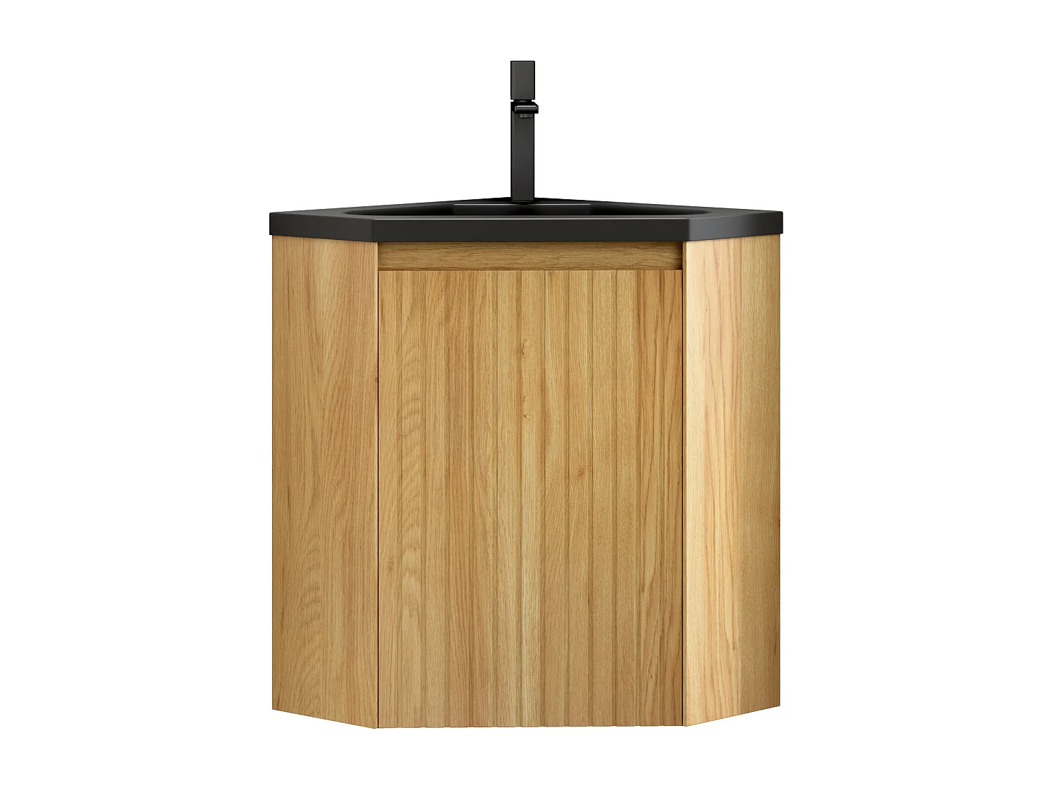 Lavabo triangular de pared con seno integrado en negro mate, resina y contrachapado, para rincón de baño, una puerta, premontado (38,5x38,5x52,4cm)