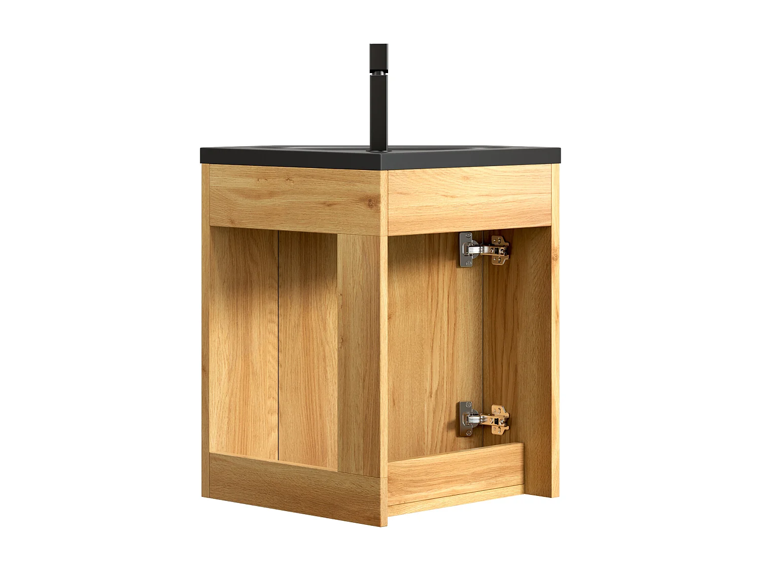 Lavabo triangular de pared con seno integrado en negro mate, resina y contrachapado, para rincón de baño, una puerta, premontado (38,5x38,5x52,4cm)