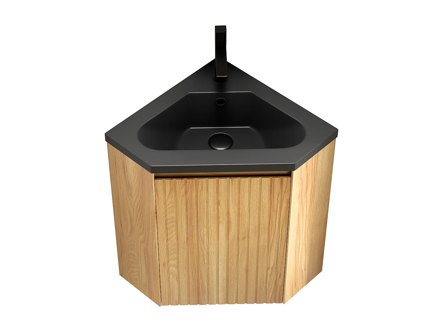 Lavabo triangular de pared con seno integrado en negro mate, resina y contrachapado, para rincón de baño, una puerta, premontado (38,5x38,5x52,4cm)