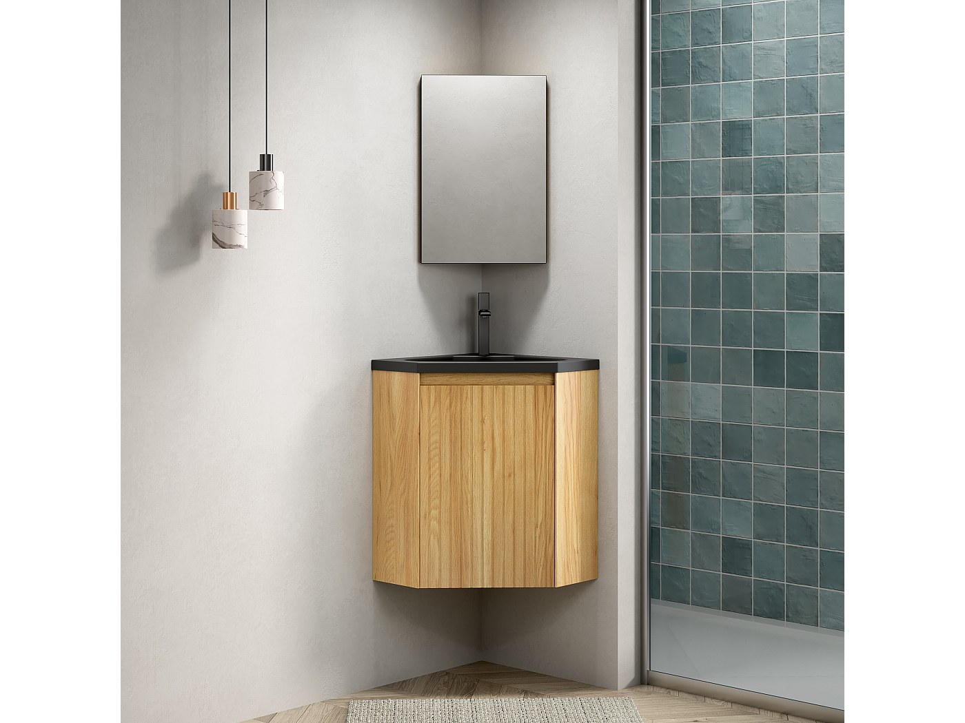 Lavabo triangular de pared con seno integrado en negro mate, resina y ...