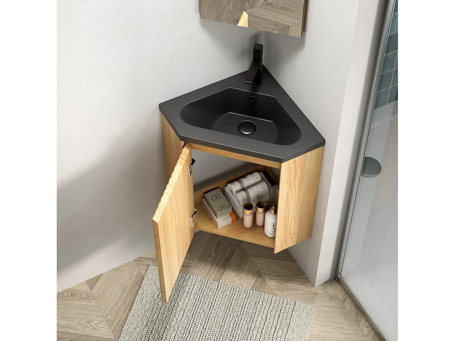 Lavabo mural triangulaire avec vasque intégrée noire mat, résine et contreplaqué, pour coin de salle de bain, une porte, pré-monté  (38.5x38.5x52.4cm)