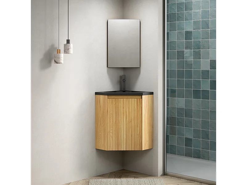 Lavabo mural triangulaire avec vasque intégrée noire mat, résine et contreplaqué, pour coin de salle de bain, une porte, pré-monté  (38.5x38.5x52.4cm)