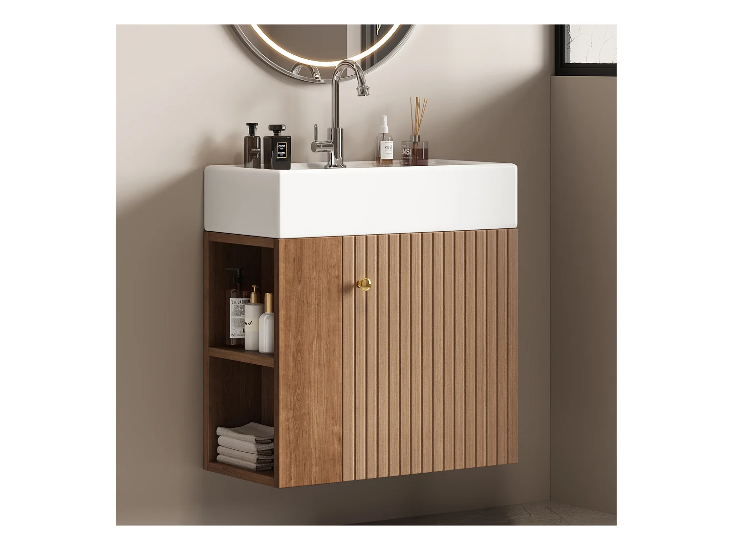 Meuble de salle de bain avec vasque, design moderne, MDF, marron, suspendu (55x31x66.5 cm)