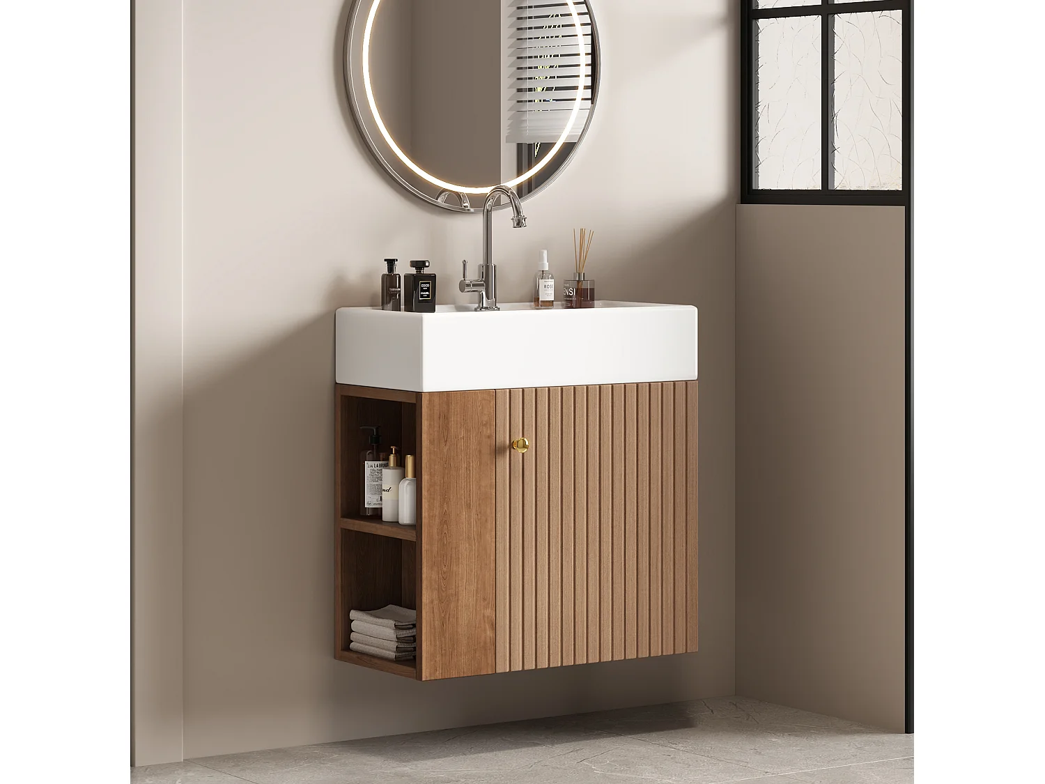 Meuble de salle de bain avec vasque, design moderne, MDF, marron, suspendu (55x31x66.5 cm)