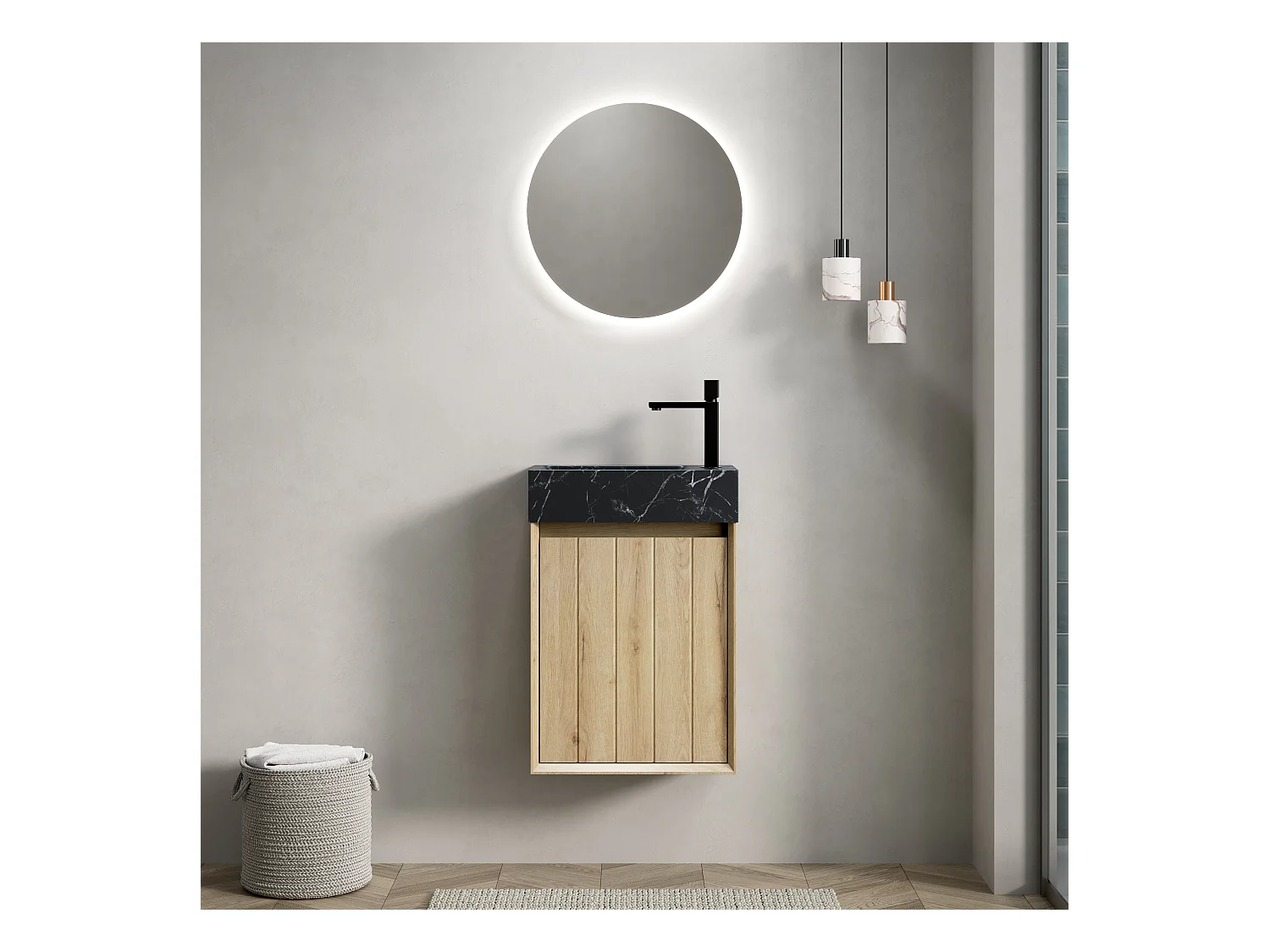 Lavabo integrato a parete in marmo nero, design moderno, con mobile lavabo in rovere bianco, 1 anta (40x22x58 cm)