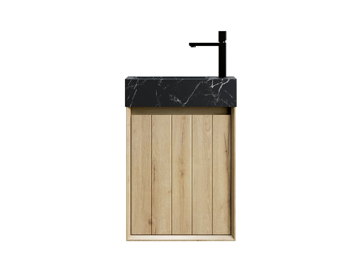 Lavabo integrato a parete in marmo nero, design moderno, con mobile lavabo in rovere bianco, 1 anta (40x22x58 cm)