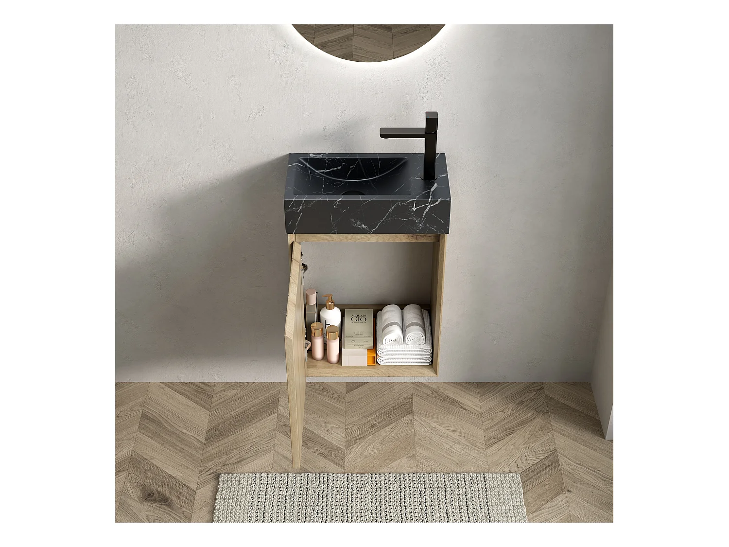 Lavabo integrado de pared en mármol negro, diseño moderno, con mueble bajo lavabo de roble blanco, 1 puerta (40x22x58 cm)